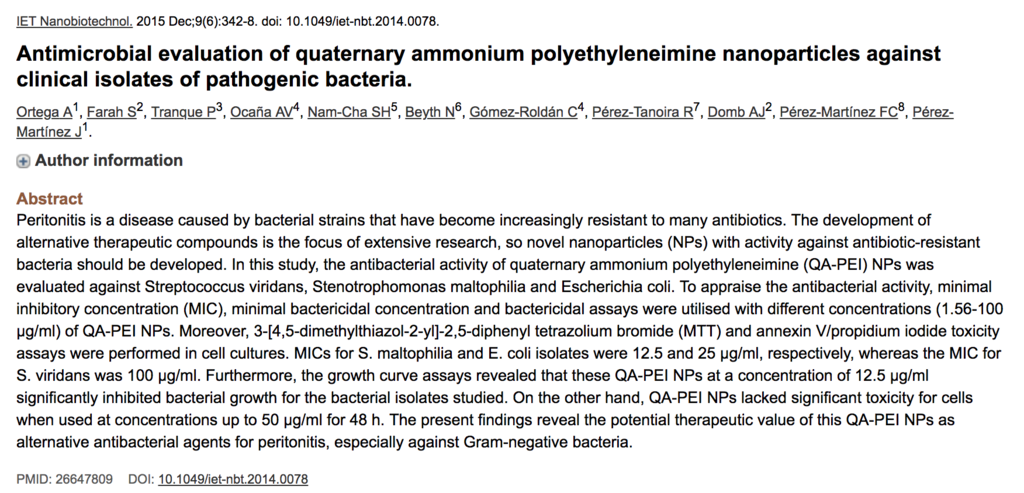 Antimicrobial evaluation of quaternary ammonium polyethyleneimine nanoparticles against clinical isolates of pathogenic bacteria.
